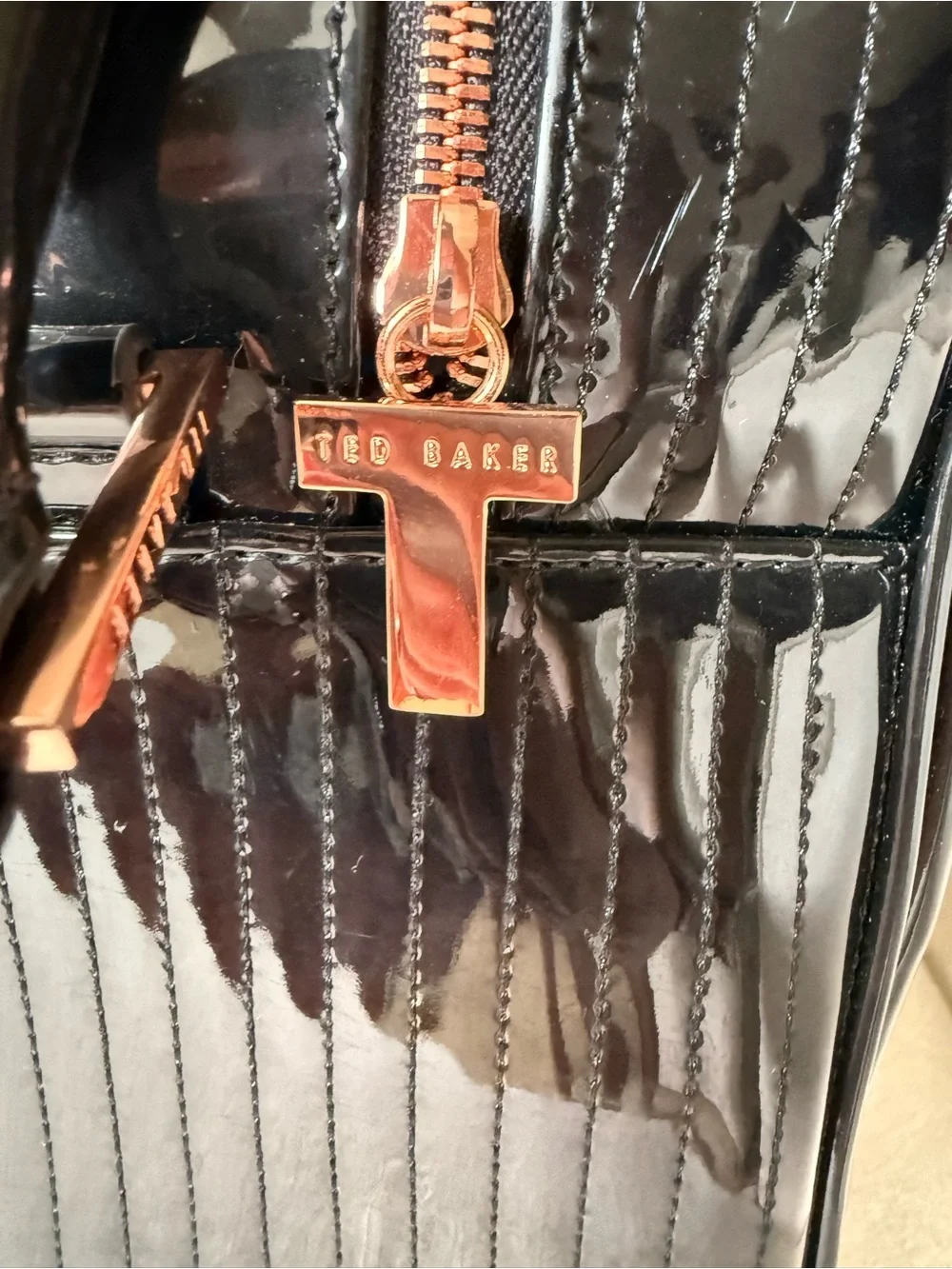 Ted Baker Black Patent Pet Carrier with Rose-Gold Hardware